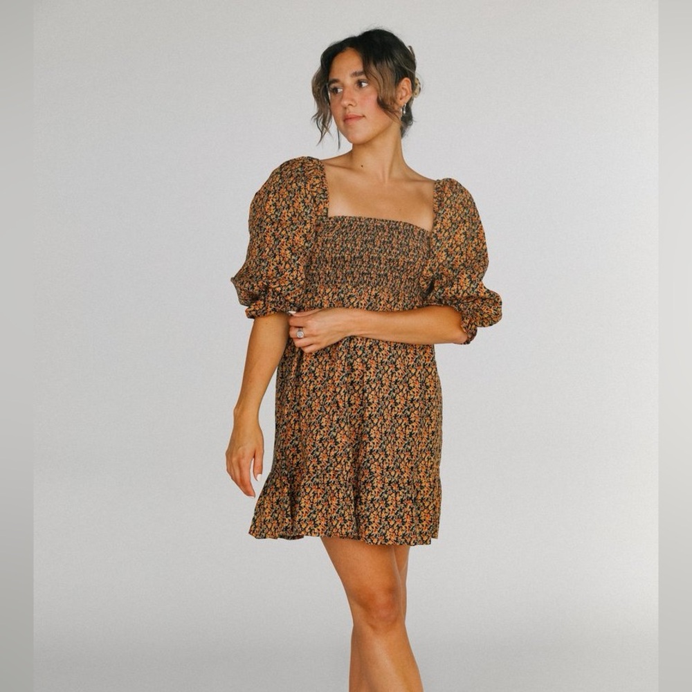 Faithfull the Brand Elvira Mini Linen Puff Sleeve Smocked Dress Cardette Floral